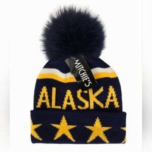 Mitchie's Knitted Men's Hat Alaska Snow Blue Yellow Beanie Stocking Cap